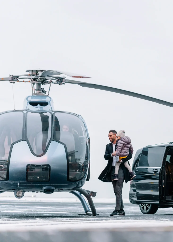 Rich family traveling by the their private chopper