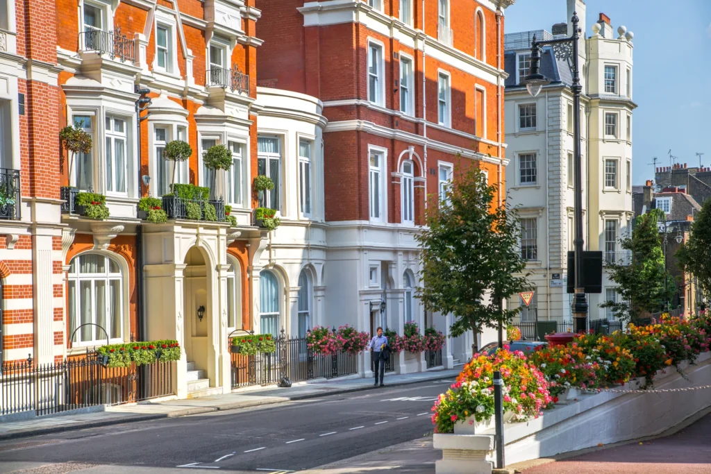 Street view in Mayfair with beautiful periodic buildings